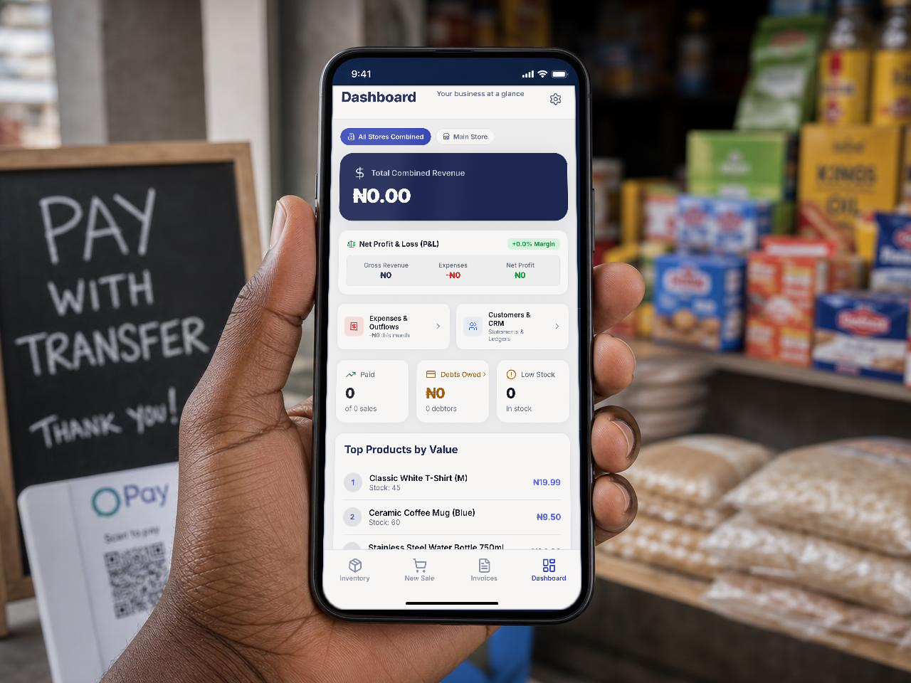 A shop owner checking the SoloStock dashboard on a phone at their market stall